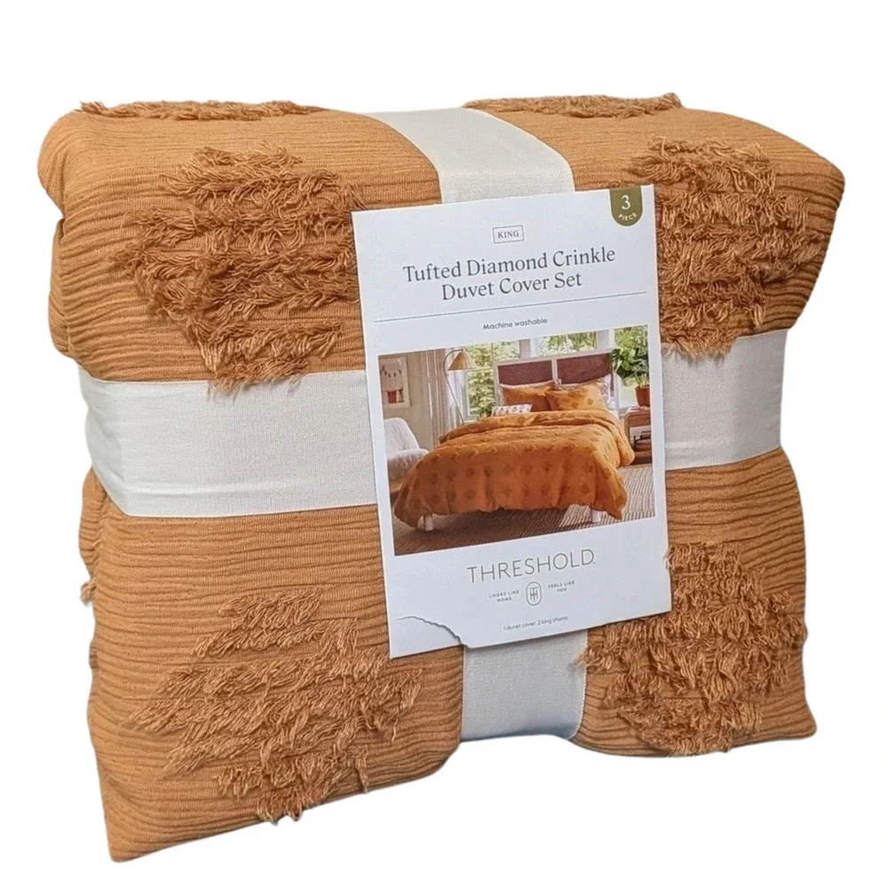 Tufted Diamond Crinkle Duvet Cover and Sham Set KING Dark Gold Threshold NEW